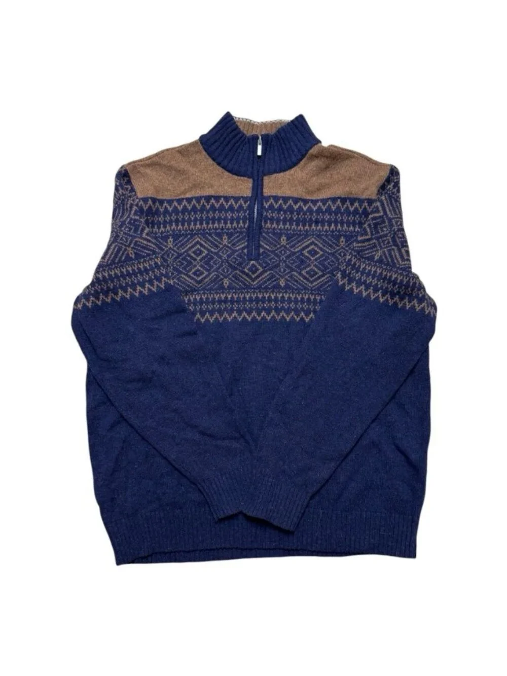 Club Room Lambswool Blend Fair Isle Quarter Zip Sweater Men’s Large Blue